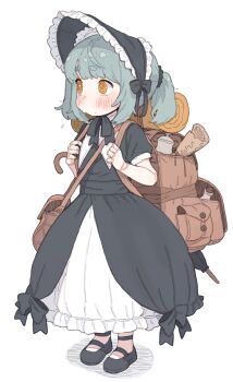 1girl @_@ absurdres backpack bad_id bad_pixiv_id bag black_bonnet black_dress black_shoes blue_hair bonnet brown_bag closed_mouth commentary commission doll_joints dress english_commentary full_body highres joints mary_janes orange_eyes original possummachine puffy_short_sleeves puffy_sleeves rori_poster&#039;s_oc shoes short_eyebrows short_sleeves shoulder_bag simple_background solo standing thick_eyebrows white_background yurie_mouth