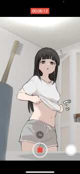 1girl :o absurdres bathroom black_hair breasts brown_eyes caught clothes_lift dolphin_shorts drawstring faucet female_focus grey_shorts highres indoors long_hair looking_at_viewer midriff navel older_sister original paid_reward_available phone recording samidare_(hoshi) shirt shirt_lift shorts sidelocks sink small_breasts solo standing timestamp toothbrush undressing variant_set viewfinder voyeur_pov voyeurism white_shirt