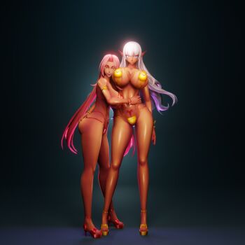 2girls 3d blender_(medium) breasts dark-skinned_female dark_skin eleonor_(taimanin_rpgx) highres huge_breasts ingrid_(taimanin_asagi) lipstick long_hair makeup multiple_girls taimanin_(series) taimanin_murasaki taimanin_rpgx