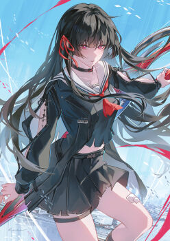 1girl absurdres arm_cutout black_hair black_jacket black_serafuku black_shirt black_skirt breasts bright_pupils chisa_(wuthering_waves) closed_mouth clothing_cutout commentary hair_ribbon highres jacket long_hair long_sleeves looking_at_viewer medium_breasts neckerchief red_eyes red_neckerchief red_ribbon reika_(reikadraws) ribbon sailor_collar school_uniform serafuku shirt skirt smile solo tacet_mark_(wuthering_waves) thigh_strap white_pupils white_sailor_collar wuthering_waves