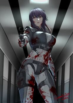 1girl arm_behind_back black_gloves blood blood_on_clothes blood_on_face blood_on_hands blood_on_leg blood_on_stomach breasts cleavage commentary cropped_jacket english_commentary feet_out_of_frame fingerless_gloves from_below ghost_in_the_shell gloves grey_jacket gun hair_between_eyes handgun highres holding holding_gun holding_weapon jacket kusanagi_motoko long_hair looking_at_viewer medium_breasts open_mouth parted_lips purple_hair red_eyes seilindekos short_sleeves sidelocks solo standing weapon