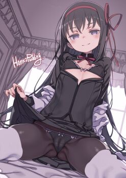 1girl akemi_homura artist_name black_bra black_hair bra breasts cameltoe commentary_request covered_erect_nipples hair_ribbon highres lifting_own_clothes loli long_hair looking_at_viewer mahou_shoujo_madoka_magica paid_reward_available panties pantyhose puddinghomhom purple_eyes red_ribbon ribbon skirt small_breasts smile solo underwear