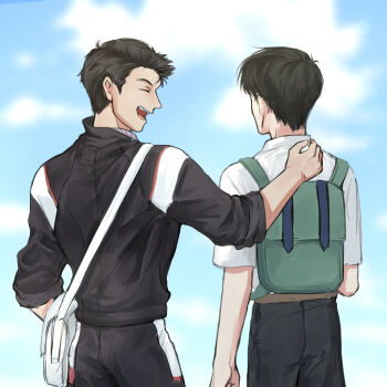 2boys backpack bag black_hair grin ikari_shinji jacket laughing looking_at_another multiple_boys neon_genesis_evangelion school_uniform smile standing suzuhara_touji track_jacket