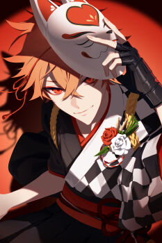13_(bbr584607091) 1boy ace_trappola black_gloves black_kimono checkered_clothes checkered_kimono commentary eyeshadow fingerless_gloves flower fox_mask gloves highres holding holding_mask japanese_clothes kimono looking_at_viewer makeup male_focus mask orange_hair red_eyes red_eyeshadow red_flower red_rose rose shadow short_hair smile solo spotlight symbol-only_commentary twisted_wonderland upper_body white_background white_flower white_rose wide_sleeves yukata