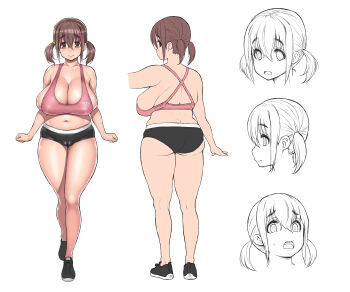 1girl ass belly black_shorts breasts brown_hair cameltoe cleavage closed_mouth commentary_request from_behind highres huge_breasts looking_at_viewer micro_shorts multiple_expressions multiple_views nagachichi_nagai-san nagai-san_(nagachichi_nagai-san) open_mouth original pink_sports_bra plump short_twintails shorts sideboob skindentation solo sports_bra standing thick_thighs thighs tsuji_santa twintails white_background yellow_eyes