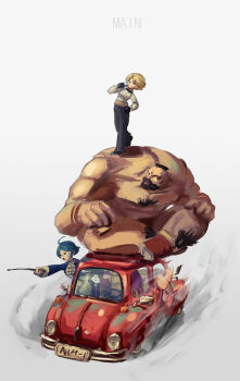 Rule 34 | 3girls, axelhi, blonde hair, blue eyes, blue hair, boots, car, drink, driving, duo lon, duolon, elisabeth blanctorche, formal clothes, giant, glass, gloves, highres, king (snk), legs, long hair, motor vehicle, multiple girls, ponytail, shen woo, shermie (kof), short hair, street fighter, suit, the king of fighters, thick thighs, thighs, tuxedo, zangief