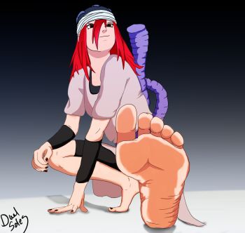 1girl barefoot feet foot_focus foot_tease happy leaning_forward leg_lift naruto_(series) smile soles spread_legs squatting tayuya_(naruto)