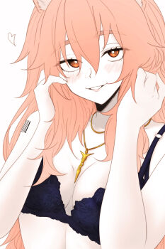 Rule 34 | 1girl, animal ears, arknights, barcode, barcode tattoo, black bra, blush, bra, breasts, bright pupils, brown eyes, dokonjou (odossan), gravel (arknights), grin, hair between eyes, highres, jewelry, long hair, looking at viewer, medium breasts, necklace, smile, solo, tattoo, underwear, white background, white pupils