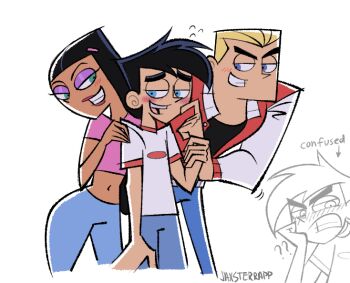 1girl 2boys black_hair black_shirt blonde_hair blue_eyes blue_pants blush danny_fenton danny_phantom dash_baxter eyeshadow jacket jaxsterrapp long_hair makeup midriff multiple_boys navel open_clothes open_jacket open_mouth pants paulina_sanchez pink_shirt purple_eyeshadow shirt short_hair short_sleeves simple_background teeth toon_(style) upper_teeth_only white_background white_jacket white_shirt