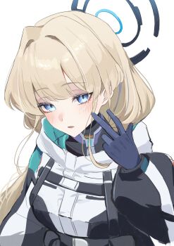 Rule 34 | 1girl, absurdres, black gloves, black jacket, blonde hair, blue archive, blue eyes, blue halo, blue streaks, blush, commentary request, gaohuang43450, gloves, halo, hand up, highres, hood, hood down, hooded jacket, jacket, long hair, multicolored jacket, parted lips, simple background, solo, toki (blue archive), toki (bodysuit) (blue archive), two-tone jacket, upper body, white background, white jacket