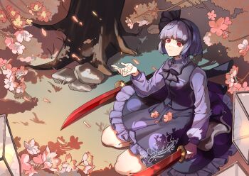 1girl alternate_color black_bow black_bowtie black_hairband black_ribbon black_shirt black_skirt black_vest bob_cut bow bowtie cherry_blossoms closed_mouth commentary_request frilled_skirt frills hairband katana konpaku_youmu konpaku_youmu_(mysterious_sword_master) linhalm outdoors red_eyes ribbon seiza shirt short_hair sitting skirt solo sword touhou touhou_lostword tree vest wakizashi weapon