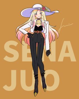 1girl black_gloves black_pants blonde_hair blush breasts character_name cleavage cropped_jacket flower full_body gakuen_idolmaster gem_belt gloves hat hat_flower high-waist_pants highres idolmaster jacket jennie_congee juo_sena light_smile long_hair long_sleeves looking_at_viewer medium_breasts multicolored_hair orange_background pants pink_hair signature solo streaked_hair sun_hat text_background two-tone_hair very_long_hair white_hat white_jacket