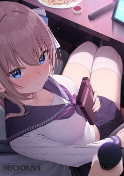 Rule 34 | 1girl, black sailor collar, black skirt, blonde hair, blue eyes, blush, bow, box, breasts, collarbone, commentary request, from above, from behind, gift, gift box, hair bow, holding, holding microphone, karaoke, long hair, looking at viewer, medium breasts, microphone, midriff, neckerchief, nekokobushi, original, pov, purple neckerchief, ribbonko-chan, sailor collar, school uniform, shirt, sitting, skirt, solo focus, sweatdrop, thighhighs, thighs, valentine, white shirt, white thighhighs, zettai ryouiki