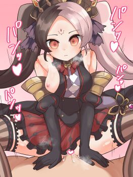 1girl bare_shoulders breasts chaos_dorloto_(grimms_notes) closed_mouth cowgirl_position doll_joints expressionless girl_on_top grimms_notes highres joints looking_at_viewer nihaikanrisyoku nipples pink_background solo sound_effects straddling