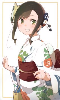 Rule 34 | 1girl, absurdres, alternate costume, black hair, brown eyes, commentary, floral print, fubuki (kancolle), grin, highres, japanese clothes, kantai collection, kimono, ma rukan, mask, mask on head, obi, sash, sidelocks, smile, solo, two-tone background, white background, white kimono, yukata