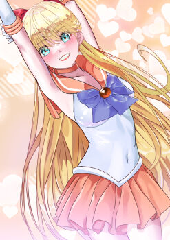 1girl absurdres aino_minako arion_canvas armpits arms_up bishoujo_senshi_sailor_moon blonde_hair blue_bow blue_bowtie blue_eyes bow bowtie brooch circlet collar gem hair_bow highres jewelry long_hair miniskirt orange_collar orange_footwear orange_gemstone orange_skirt pleated_skirt red_bow sailor_venus shirt skirt sleeveless solo white_shirt