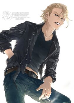 1boy belt belt_buckle black_jacket black_shirt blonde_hair brown_belt buckle cigarette collarbone cowboy_shot denim dr._stone hand_in_pocket highres holding holding_cigarette jacket jeans leather leather_jacket looking_at_viewer male_focus midriff_peek mitsuru_(aica_hikari) open_clothes open_jacket pants shirt short_hair simple_background smile smoke smoking solo stanley_snyder_(dr.stone) teeth twitter_username white_background yellow_eyes