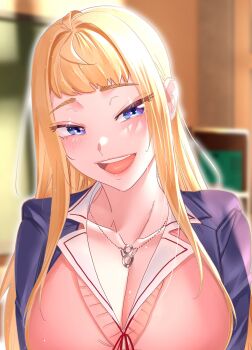 1girl blazer blonde_hair blue_eyes blue_jacket blunt_bangs blurry blurry_background blush breasts cardigan cleavage collarbone commentary_request dosanko_gal_wa_namaramenkoi fuyuki_minami highres ikada_kai jacket jewelry kitami_hokuryo_high_school_uniform large_breasts long_hair looking_at_viewer necklace official_art open_mouth pink_cardigan school_uniform smile solo teeth upper_body upper_teeth_only