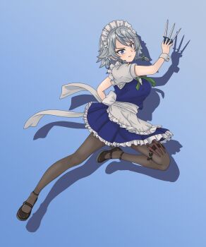 1girl absurdres apron back_bow between_fingers black_pantyhose black_shoes blue_background blue_eyes bow braid clenched_teeth dashing fighting_stance gradient_background green_bow green_ribbon grey_hair hair_bow highres holding holding_knife izayoi_sakuya kkonmulbeom_nyomy knife knives_between_fingers long_hair looking_at_viewer maid maid_apron maid_headdress mais pantyhose puffy_short_sleeves puffy_sleeves ribbon shoes short_hair short_sleeves solo teeth thigh_strap touhou twin_braids waist_apron wrist_cuffs