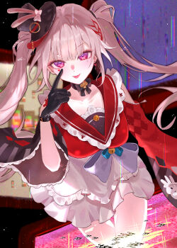 1girl absurdres alternate_breast_size_(larger) black_gloves breasts commentary detached_sleeves gloves hat highres honkai:_star_rail honkai_(series) large_breasts long_hair looking_at_viewer purple_eyes red_shirt shirt skirt solo sparkle_(honkai:_star_rail) sparxie_(honkai:_star_rail) ssamsa0404 thighs top_hat twintails very_long_hair white_hair white_skirt