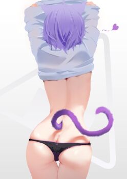1girl animal_ears ass black_panties butt_crack cat_ears cat_girl cat_tail character_request cohi27151463 copyright_request from_behind grey_shirt hashtag-only_commentary panties shirt solo tail underwear undressing