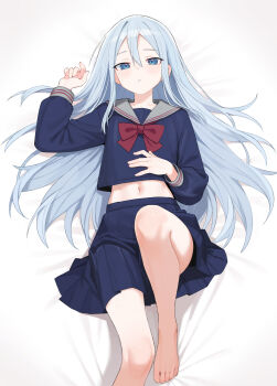 1girl absurdres barefoot bed_sheet blue_eyes blue_hair blue_shirt blue_skirt bow bowtie feet from_above hair_between_eyes hand_on_own_stomach highres knee_up long_hair looking_at_viewer lying midriff navel on_back parted_lips project_sekai red_bow red_bowtie shenqi_xiaohuang shirt skirt solo yoisaki_kanade