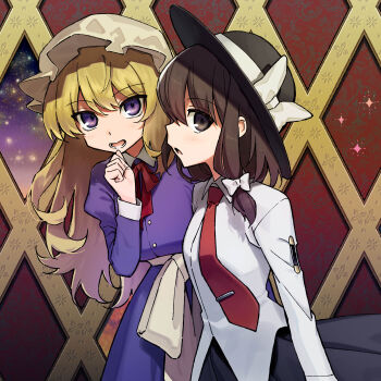 2girls absurdres black_skirt blonde_hair brown_eyes brown_hair collared_dress collared_shirt commentary_request dress expressionless from_side futoumeido hair_between_eyes hand_on_own_chin hat highres long_hair long_sleeves looking_at_viewer maribel_hearn medium_hair mob_cap multiple_girls neckerchief necktie parted_lips purple_dress purple_eyes red_neckerchief red_necktie shirt skirt smile touhou usami_renko white_shirt
