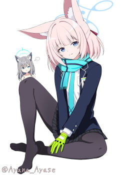 2girls :&lt; absurdres animal_ear_fluff animal_ears ayana_ayase black_pantyhose black_skirt blue_archive blue_eyes blue_halo blue_jacket blue_necktie blue_scarf blunt_bangs bright_pupils chibi chibi_inset closed_mouth commentary cosplay fox_ears fox_girl fringe_trim frown full_body gloves green_gloves grey_hair hair_between_eyes half_updo halo highres id_card jacket knee_up light_blush long_sleeves looking_at_viewer medium_hair miniskirt mismatched_pupils multiple_girls necktie niko_(blue_archive) no_shoes pantyhose pink_hair plaid_clothes plaid_skirt pleated_skirt puff_of_air scarf school_uniform shiroko_(blue_archive) shiroko_(blue_archive)_(cosplay) shirt simple_background sitting skirt smile solo_focus split_mouth spread_legs straight_hair tail thighs twitter_username v-shaped_eyebrows v_arms white_background white_pupils white_shirt wolf_ears wolf_tail