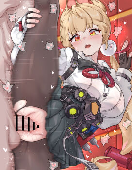 1boy 1girl :o absurdres alice_thymefield animal_ears bar_censor black_skirt blonde_hair blush breasts censored daram_(shappydude) fingerless_gloves gloves hair_ornament hand_on_own_leg heart hetero heterochromia highres indoors large_breasts large_variant_set long_hair open_mouth orange_eyes pantyhose penis pleated_skirt sex shirt skirt sphere_hair_ornament split spoken_heart standing standing_on_one_leg standing_sex standing_split sweat torn_clothes torn_pantyhose vaginal variant_set white_shirt zenless_zone_zero