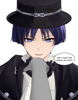 1boy alternate_costume black_coat black_gloves black_hat blunt_ends boater_hat bright_pupils coat english_text eyeliner eyeshadow female_pov formal_clothes frilled_shirt_collar frills genshin_impact gloves hat highres holding_hands looking_at_viewer makeup male_focus melyuuto open_mouth parted_lips portrait pov purple_eyes purple_hair red_eyeliner red_eyeshadow scaramouche_(genshin_impact) shirt solo speech_bubble straight-on teeth tsurime twitter_username undershirt wanderer_(genshin_fes_2026)_(genshin_impact) wanderer_(genshin_impact) white_background white_pupils white_shirt white_trim wispy_bangs