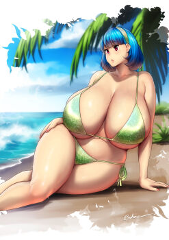 1girl absurdres artist_name beach bikini blue_hair blunt_bangs bob_cut breasts cleavage cloud collarbone earrings erkaz gigantic_breasts green_bikini hairband highres huge_breasts jewelry navel ocean original outdoors palm_tree parted_lips plump red_eyes rina_atherina shiny_skin short_hair signature sky solo swimsuit thick_thighs thighs tree veins veiny_breasts wide_hips