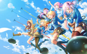 6+girls :d absurdres aikawa_megumi aircraft airplane animal_hood arm_up asakura_karen_(heaven_burns_red) between_legs black_pantyhose black_thighhighs blonde_hair blue_eyes blue_jacket blue_shirt blue_sky blush boots bow bowtie braid breasts brown_hair brown_skirt capelet closed_eyes cloud collared_shirt contrail covering_crotch covering_privates day glasses green_eyes hair_ornament hair_over_one_eye hair_ribbon hand_between_legs hat heaven_burns_red highres holding holding_hands hood hood_up hooded_jacket hoodie iceland_tw izumi_yuki_(heaven_burns_red) jacket jumping kayamori_ruka kneehighs kunimi_tama lens_flare long_hair long_sleeves looking_at_another midair multiple_girls narby_(heaven_burns_red) neck_ribbon necktie open_clothes open_jacket open_mouth outdoors pantyhose pink_hair plaid_clothes plaid_skirt pleated_skirt purple_hair red_bow red_bowtie red_eyes red_necktie red_ribbon ribbon round_eyewear school_uniform shirt shoes short_hair skirt skirt_tug sky smile socks sunlight team_31a_(heaven_burns_red) teeth thighhighs thoneeye toujou_tsukasa twintails two_side_up white_hair white_shirt yellow_jacket zettai_ryouiki
