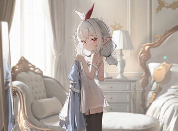 1girl absurdres apron bed bedroom black_thighhighs blue_dress blurry blurry_background blush chaise_longue character_request chest_of_drawers closed_mouth commission cowboy_shot crossed_bangs domado dress frilled_dress frills from_side full-length_mirror furrowed_brow garter_straps grey_hair hair_ribbon highres holding holding_unworn_clothes indoors lamp looking_at_viewer low_twintails mage_staff mirror nightgown original pixiv_commission red_eyes ribbon see-through_silhouette solo staff standing strap_slip thighhighs twintails white_apron white_nightgown