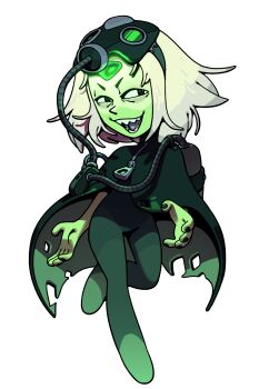 1girl alternate_costume blonde_hair bodysuit colored_skin discount-supervillain fingernails forehead_jewel full_body gas_mask gem gem_(steven_universe) green_bodysuit green_eyes green_skin highres mask medium_hair open_mouth peridot_(steven_universe) sharp_teeth smile solo steven_universe teeth zipper zipper_pull_tab