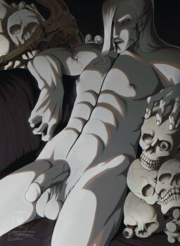 1boy absurdres arm_tattoo black_sclera bone character_request chest_tattoo colored_sclera elf erection facial_tattoo highres long_hair male_focus necromancer non-web_source pale_skin penis pointy_ears skull solo staff suveramort tattoo testicles the_elder_scrolls the_elder_scrolls_v:_skyrim toned toned_male white_hair