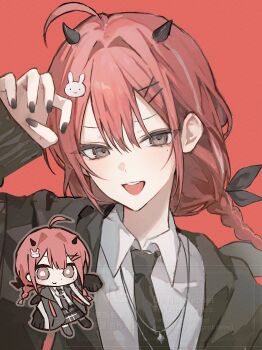 1girl :d absurdres ahoge bccch123 black_horns black_jacket black_nails black_necktie black_ribbon brown_eyes chibi closed_mouth collared_shirt commentary_request commission double-parted_bangs hair_between_eyes hair_ornament hair_ribbon hairclip hand_up highres horns jacket korean_commentary long_hair long_sleeves looking_at_viewer multiple_views nail_polish necktie open_clothes open_jacket open_mouth original portrait red_background red_hair ribbon shirt sidelocks simple_background sleeves_past_wrists small_horns smile watermark white_shirt x_hair_ornament