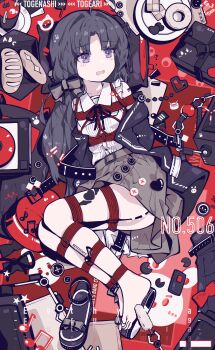 1girl abigcarrot_owo absurdres ahoge awa_subaru bdsm black_hair black_jacket black_ribbon bondage bound bow bread brown_skirt cd_player commentary donut food gift girls_band_cry hair_bow highres jacket letter long_hair navel off_shoulder open_mouth purple_eyes restrained ribbon shibari shibari_over_clothes shirt shoes single_shoe skirt sleeveless sleeveless_shirt solo tickling tickling_feet white_shirt