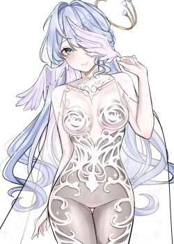 1girl absurdres ai-generated_art_(topic) blue_hair blush breasts cape chronopattern_dress commentary covering_one_eye cowboy_shot dress english_commentary green_eyes halo hand_up head_wings highres honkai:_star_rail honkai_(series) long_hair looking_at_viewer medium_breasts robin_(honkai:_star_rail) rosheil simple_background solo very_long_hair white_background white_dress white_nails wings