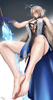 1girl absurdres barefoot blonde_hair blue_eyes blush cartethyia_(wuthering_waves) feet fleurdelys_(wuthering_waves) highres horns long_hair pointy_ears single_horn soles toes viking.nash wuthering_waves