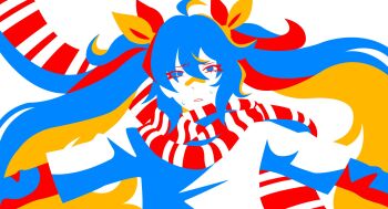 1girl ahoge arifureta_sekai_seifuku_(vocaloid) bandaid bandaid_on_face bandaid_on_nose blonde_hair blue_eyes blue_hair colored_eyelashes colored_skin floating_hair floating_scarf grimace hair_between_eyes hair_ribbon half-closed_eyes hatsune_miku highres layered_sleeves limited_palette long_hair long_sleeves multicolored_hair nervous_sweating outstretched_arms parted_lips raised_inner_eyebrows red_hair red_ribbon red_scarf ribbon scarf shirt short_over_long_sleeves short_sleeves sidelocks solo spread_arms striped_clothes striped_scarf sweat tealhuez twintails two-tone_scarf upper_body vector_art very_long_hair vocaloid white_background white_mouth white_scarf white_shirt white_skin yellow_ribbon