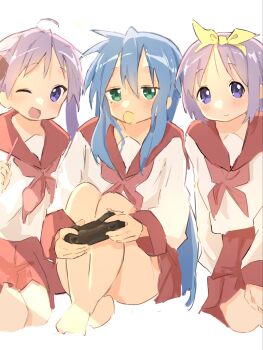 3girls ahoge artistic_error barefoot blue_hair blush bow_hairband closed_mouth cometa_3 commentary controller food full_body game_controller green_eyes hair_between_eyes hairband half-closed_eyes highres hiiragi_kagami hiiragi_tsukasa holding holding_controller holding_food holding_game_controller holding_pocky invisible_floor izumi_konata kneeling long_hair looking_at_viewer lucky_star mole mole_under_eye mouth_hold multiple_girls neckerchief one_eye_closed open_mouth pleated_skirt pocky pocky_strawberry purple_eyes purple_hair red_neckerchief red_sailor_collar red_skirt ryouou_school_uniform sailor_collar school_uniform serafuku shirt short_hair side-by-side simple_background sitting skirt smile twintails untranslatable_commentary white_background white_shirt yellow_hairband