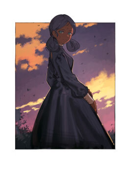 1girl bindi black_dress black_hair border cloud dark-skinned_female dark_skin dress green_eyes gundam gundam_gquuuuuux hair_rings lalah_sune long_sleeves looking_at_viewer looking_back purple_sky sky solo starshadowmagician sunset white_border