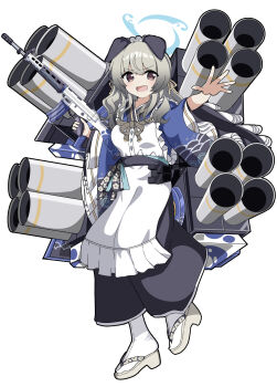 Rule 34 | 1girl, animal ears, apron, assault rifle, blue archive, blue halo, blue kimono, brown eyes, commentary request, dog ears, dog girl, floppy ears, grey hair, gun, halo, highres, holding, holding gun, holding weapon, howa type 89, japanese clothes, kimono, long hair, looking at viewer, maid, maid headdress, open mouth, rifle, solo, umika (blue archive), wa maid, wave print, weapon, white apron, wide sleeves, zuyosh