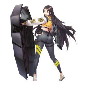 1girl ammunition ammunition_box ass ballistic_shield belt belt_pouch black_belt black_bra bra breasts brown_hair d-log english_text fang full_body game_cg green_eyes grey_leggings gun highres holding holding_shield huge_ass jacket large_breasts last_origin leg_belt leggings letterman_jacket long_hair looking_at_viewer looking_back median_furrow medium_breasts official_alternate_costume official_art open_clothes open_jacket open_mouth pouch shield shoes shotgun shotgun_shell sidelocks simple_background skin_tight smile solo sports_bra standing steel_draco_(last_origin) striped_leggings tachi-e thigh_belt thigh_strap transparent_background underboob underwear utility_belt very_long_hair weapon wedgie white_jacket white_shoes yellow_jacket