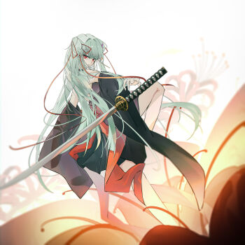 1girl absurdres back_bow bare_shoulders black_kimono black_skirt blurry bow chinese_commentary commentary depth_of_field floating_hair flower foot_out_of_frame from_side green_hair hair_intakes hair_ribbon heiyan highres japanese_clothes katana kimono long_hair long_ribbon long_sleeves looking_at_viewer miniskirt murasame_(senren) outstretched_arm parted_lips pleated_skirt reaching red_bow red_eyes red_flower red_ribbon red_sash ribbon sash senren_banka sidelocks simple_background skirt solo spider_lily standing standing_on_one_leg sword two_side_up very_long_hair weapon white_background wide_sleeves