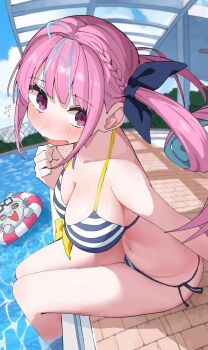 1girl @_@ ahoge bikini blue_bikini blue_hair blue_ribbon blush braid breasts cleavage colored_inner_hair day hair_ribbon highres hololive innertube large_breasts long_hair looking_at_viewer looking_to_the_side minato_aqua multicolored_bikini multicolored_hair navel neko_(minato_aqua) open_mouth outdoors pink_eyes pink_hair pool poolside purple_eyes purple_hair ribbon satoi_itsuki side-tie_bikini_bottom sitting sky soaking_feet solo streaked_hair striped_bikini striped_clothes swim_ring swimsuit thighs twintails two-tone_bikini two-tone_hair virtual_youtuber water