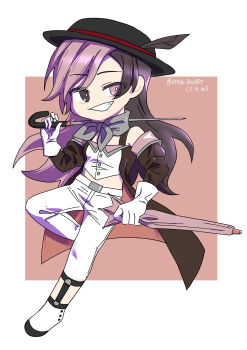 1girl absurdres bare_shoulders black_hat bright_pupils brown_eyes brown_hair commentary deformed eyelashes full_body grey_neckerchief grin hat hat_feather heterochromia highres holding holding_umbrella holding_weapon midriff misanim multicolored_hair neckerchief neopolitan_(rwby) pants pink_eyes pink_hair rwby shirt shoes simple_background smile solo split-color_hair teeth two-tone_hair umbrella weapon white_pants white_pupils white_shirt white_shoes