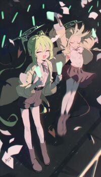 2girls :d ^_^ absurdres alternate_costume belt black_belt black_boots black_ribbon black_skirt blue_archive blush boots closed_eyes collared_jacket collared_shirt commentary_request dan_nako demon_tail fang floating_clothes floating_hair flying_paper glowstick green_hair green_jacket hair_between_eyes hair_floating_upwards hands_up highres hikari_(blue_archive) holding holding_glowstick jacket jumping long_hair long_sleeves multiple_girls nozomi_(blue_archive) open_clothes open_jacket open_mouth pantyhose paper ribbon shirt shorts siblings skin_fang skirt smile sparkle standing straight_hair tail twins twintails white_pantyhose white_shirt