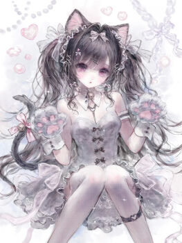 1girl animal_ears animal_hands bare_shoulders bell black_hair blush bow breasts cat_ears cat_girl cat_tail cleavage collar detached_collar dress feet_out_of_frame frills gloves hair_bow hair_intakes hair_ornament hairclip heart highres knees_together_feet_apart long_hair looking_at_viewer medium_breasts neck_bell original paw_gloves pink_bow pink_eyes purple_eyes ribbon sitting solo strapless tail tail_bow tail_ornament tail_ribbon thighhighs tongji twintails very_long_hair white_bow white_thighhighs x_hair_ornament