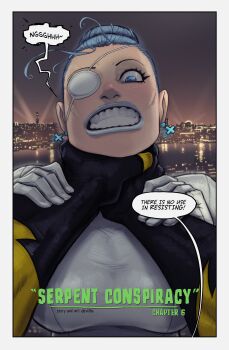 2girls absurdres black_gloves blue_eyes blue_hair blue_lips bodysuit border breasts cityscape clenched_teeth devilhs doctor_miracle_(devilhs_art) earrings english_text eyepatch gloves highres jewelry large_breasts looking_at_viewer multiple_girls original outside_border pov pov_hands speech_bubble strangling teeth thunder_storm_(devilhs) white_bodysuit white_border white_gloves